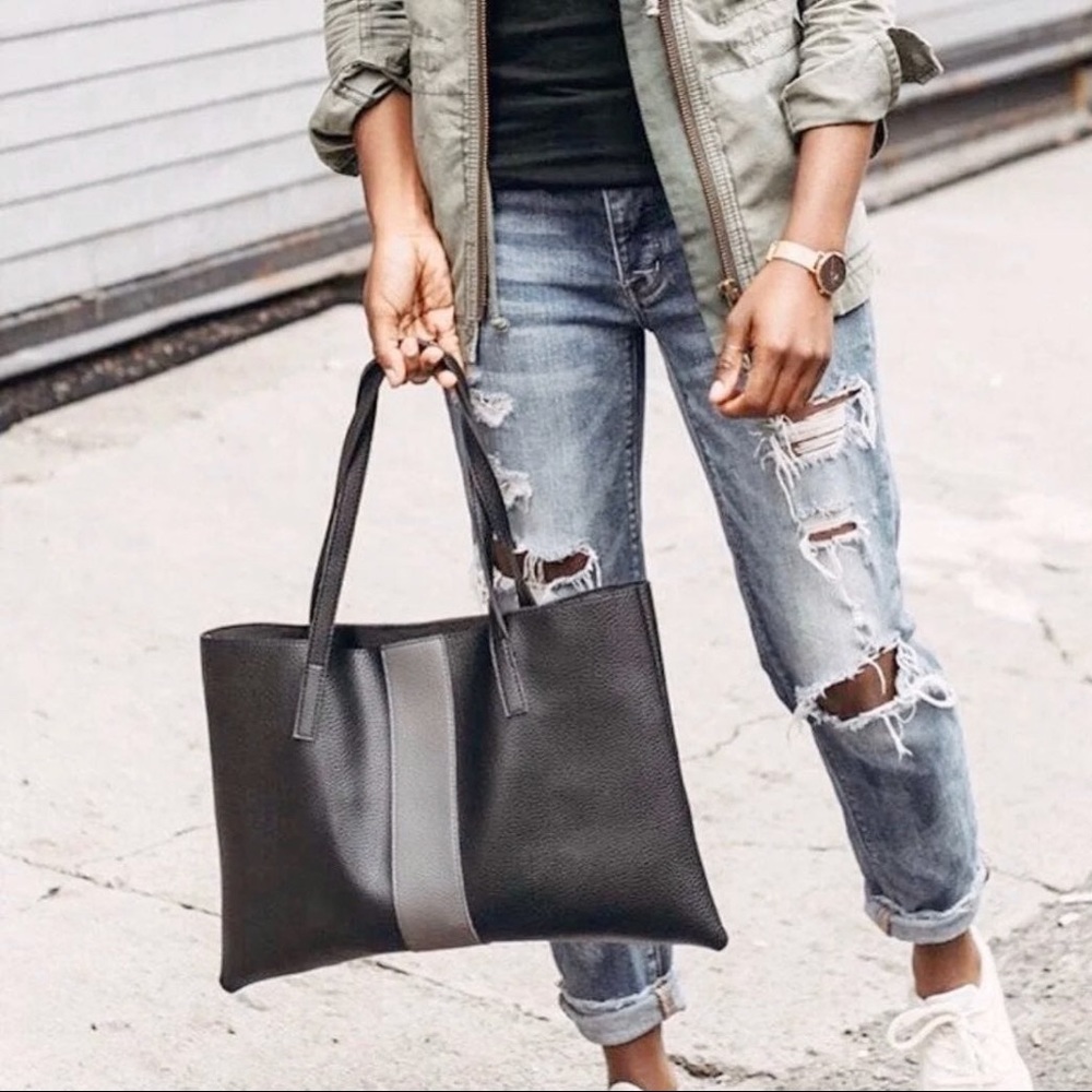 Vince Camuto Black and Gray Vegan Leather Tote